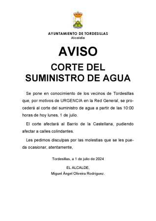 ImagenAVISO - CORTE DEL SUMINISTRO DE AGUA - 1 JULIO 10:00 H. BARRIO DE LA CASTELLANA.