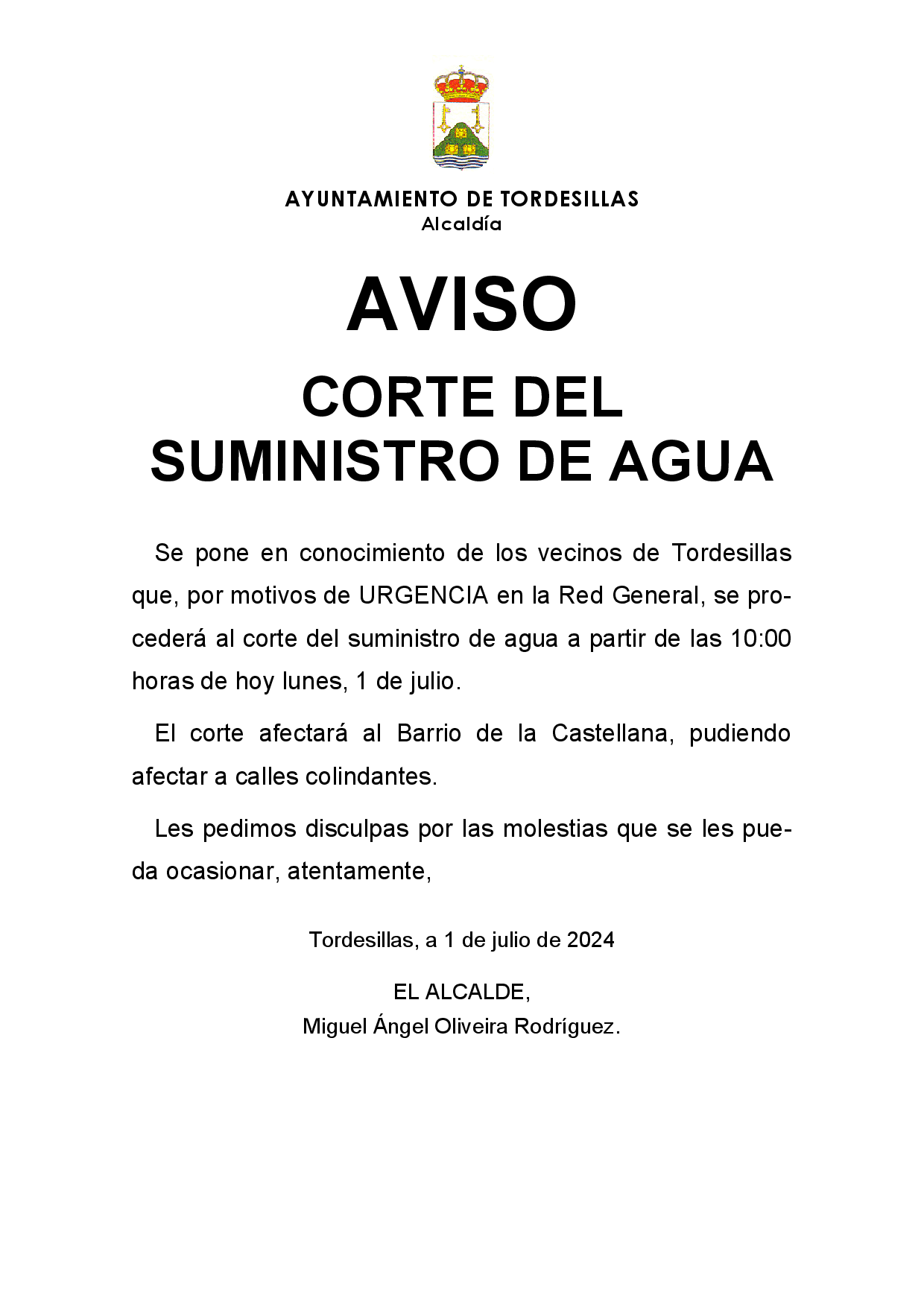 AVISO - CORTE DEL SUMINISTRO DE AGUA - 1 JULIO 10:00 H. BARRIO DE LA CASTELLANA.