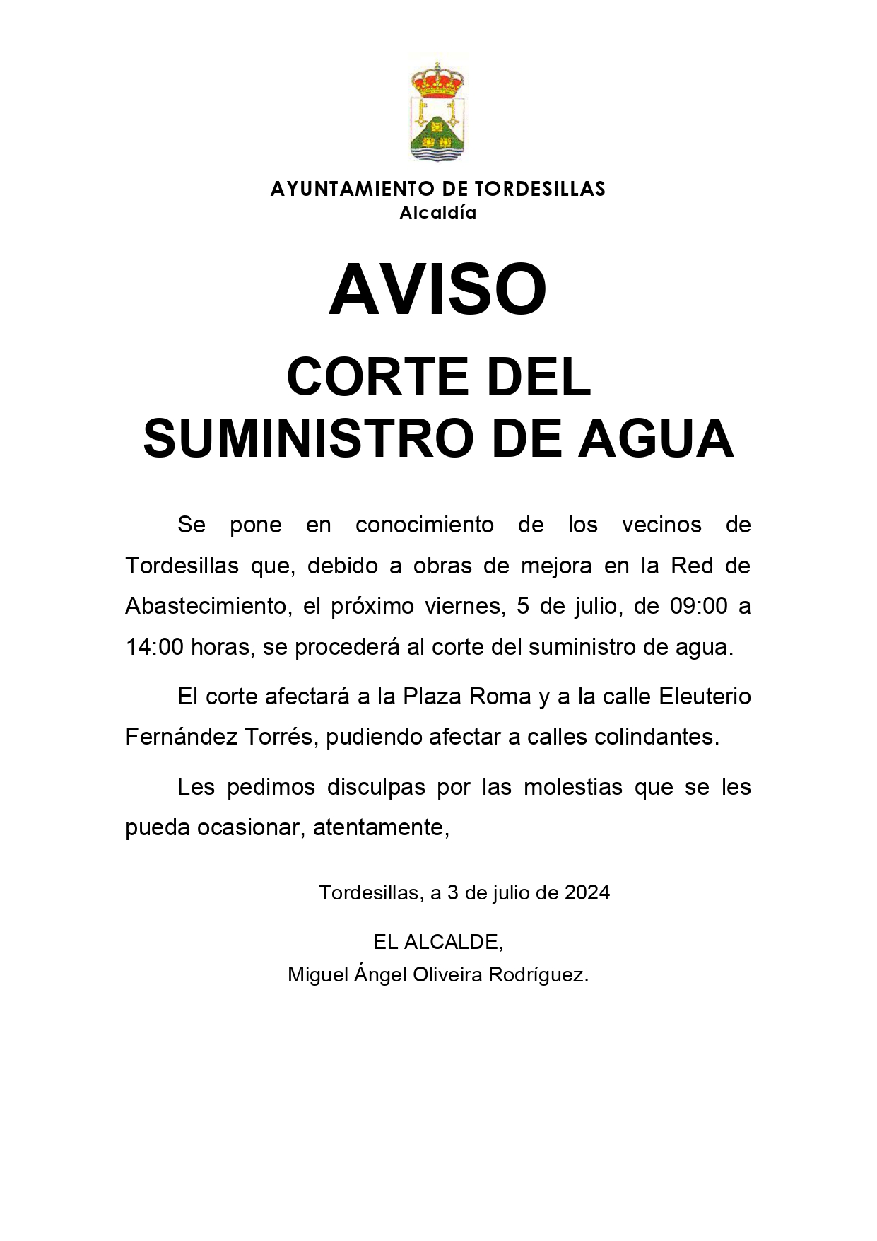 Corte Agua Viernes 5 julio